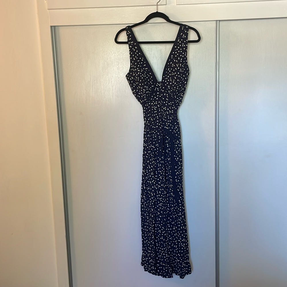 Anthropologie navy and white polka dot wide leg jumpsuit